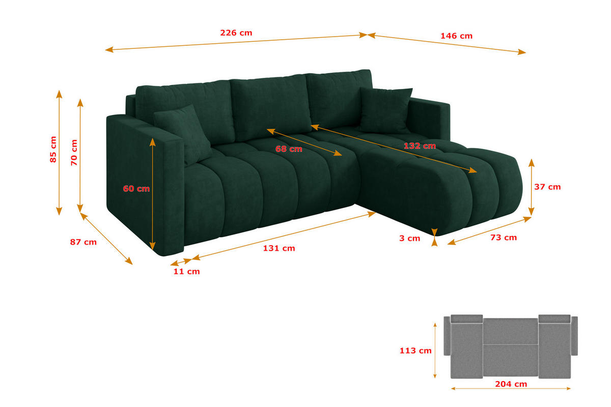 ROHOVÁ SEDAČKA s funkcí spaní, otoman vpravo GARD-L 226x146x85 zelená velur - černá/zelená barva, kompozitní dřevo/textil (226/146cm) - ALTDECOR