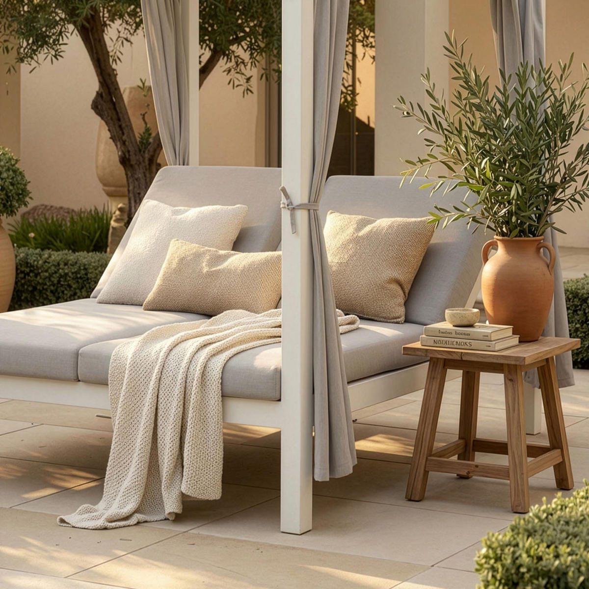 SONNENLIEGE LYON - mit Abdeckung - Weiß, Kunststoff/Textil (208/215/188cm) - Home Deluxe