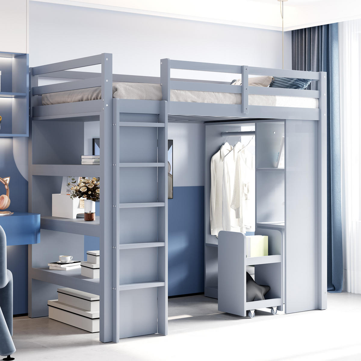 HOCHBETT 90x200 Regale Kleiderbügel Ablage Organisationswagen Grau - Grau, Holzwerkstoff - FLIEKS