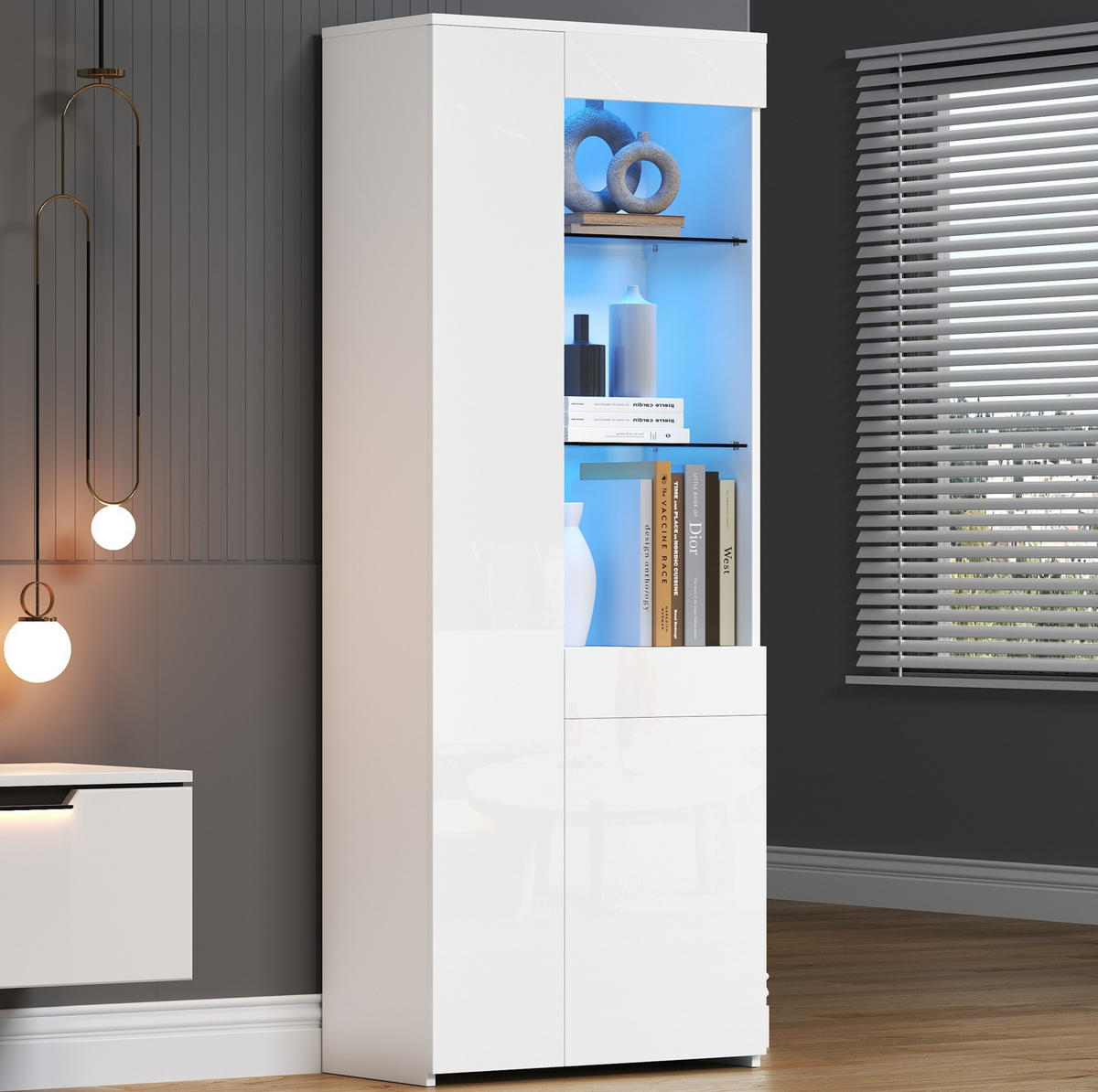 VITRINA 70/35/180 cm bijela od iverice s LED rasvjetom i ladicom - bijela, drvni materijal (70/180/35cm) - OKWISH