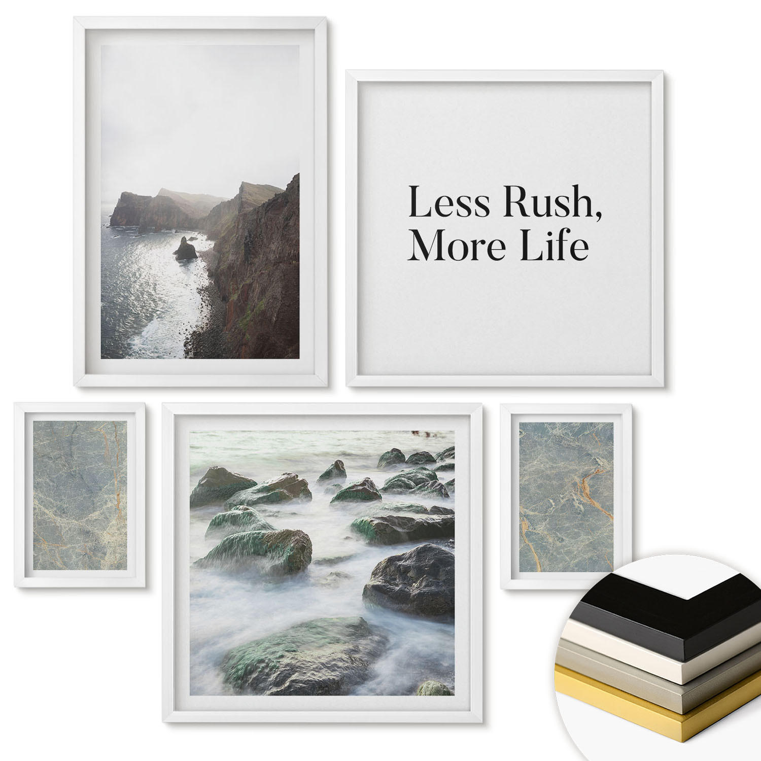 WANDBILDER 5er-Set - 50x50 cm & 20x30 cm & 40x60 cm Weißer Rahmen - Grüner Marmor Melancholie - Weiß, Kunststoff (40/60cm) - ArtPrintCave