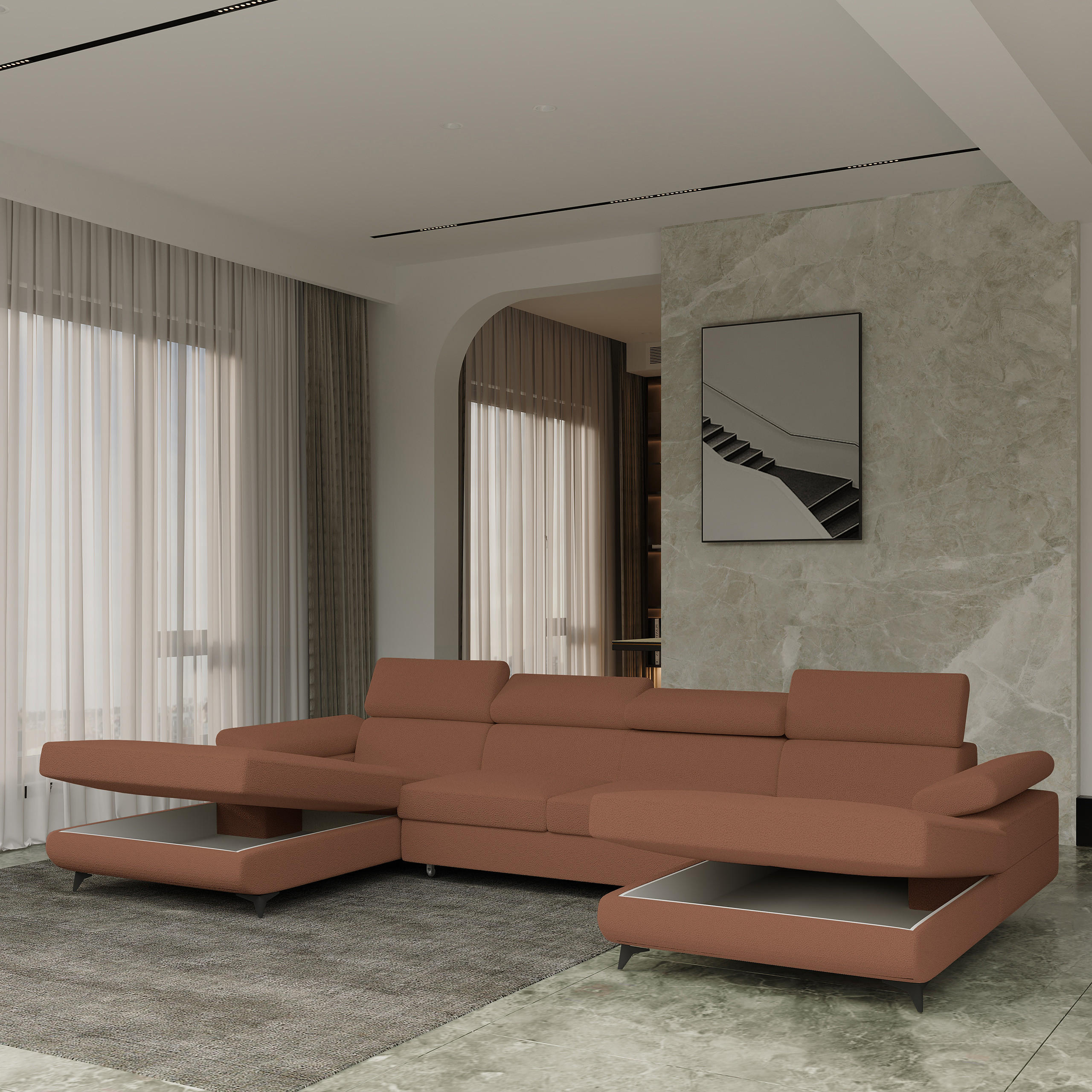 Thumbnail - Masseno Wohnlandschaft, Kupfer, Holz, 6-Sitzer, U-Form, 339x89x190 cm, Wohnzimmer, Sofas & Couches, Wohnlandschaften, Wo...