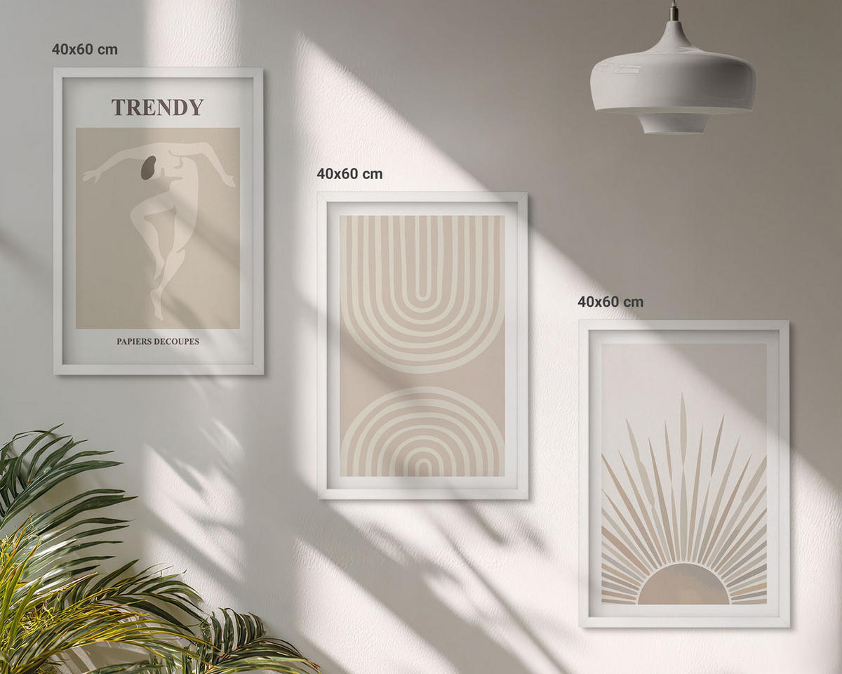 BILDER SET 3er Set - 40x60 cm Weißer Rahmen - Abstrakte Poster im Boho-Stil in Pastellfarben - Weiß, Kunststoff (40/60cm) - TULUP