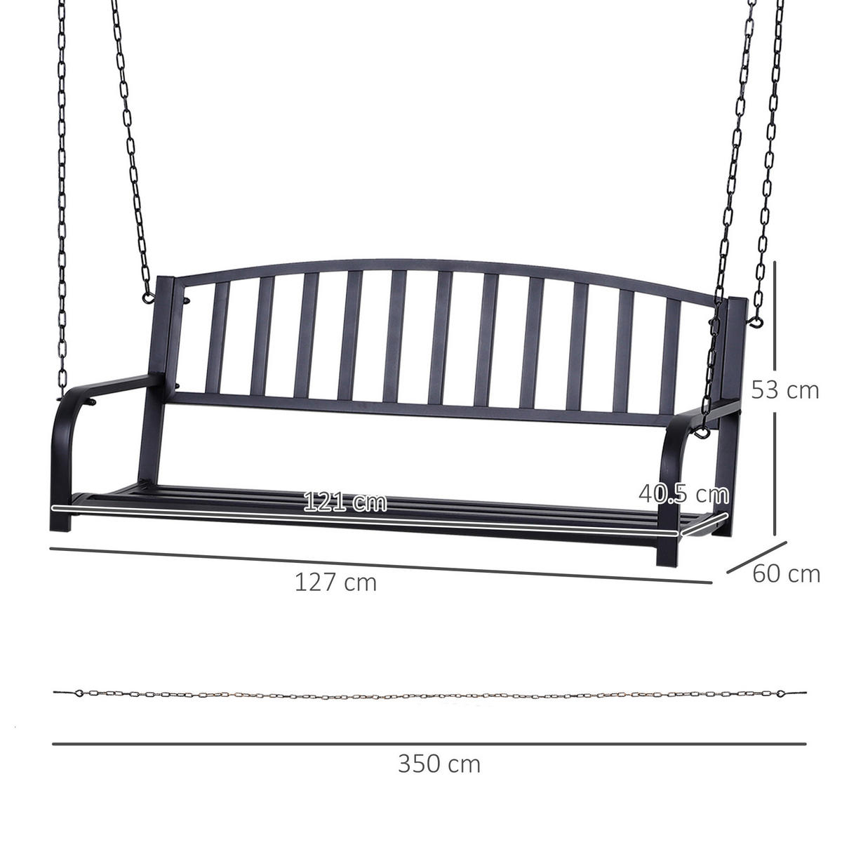 HOLLYWOODSCHAUKEL 127/60 cm mit 2 Metallketten und breiter Sitzfläche, Schwarz - Schwarz, Metall (60/53/127cm) - Redom