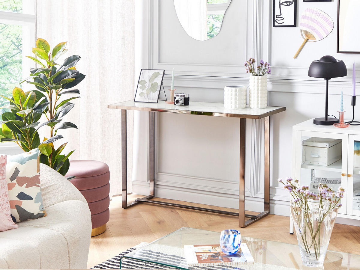 KONSOLENTISCH Marmor Optik weiß/silber Plano - Silberfarben/Weiß, Glas (40/120/77cm) - Beliani
