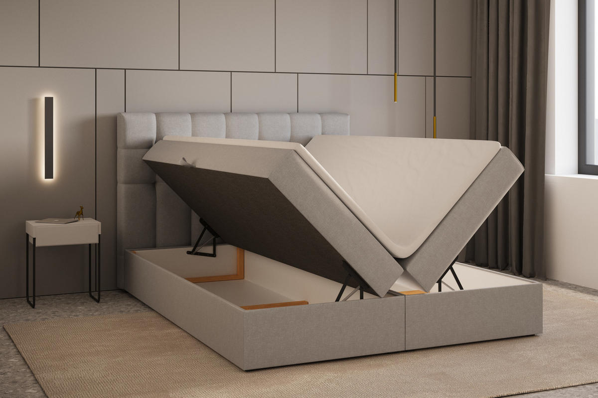 BOXBETT - Bett 05 OSLO - Hugo - 140x200 cm - mit Bettkasten und Waschbarem Topper - Hellgrau, Holz (140/200cm) - ROYAL24_MARKT