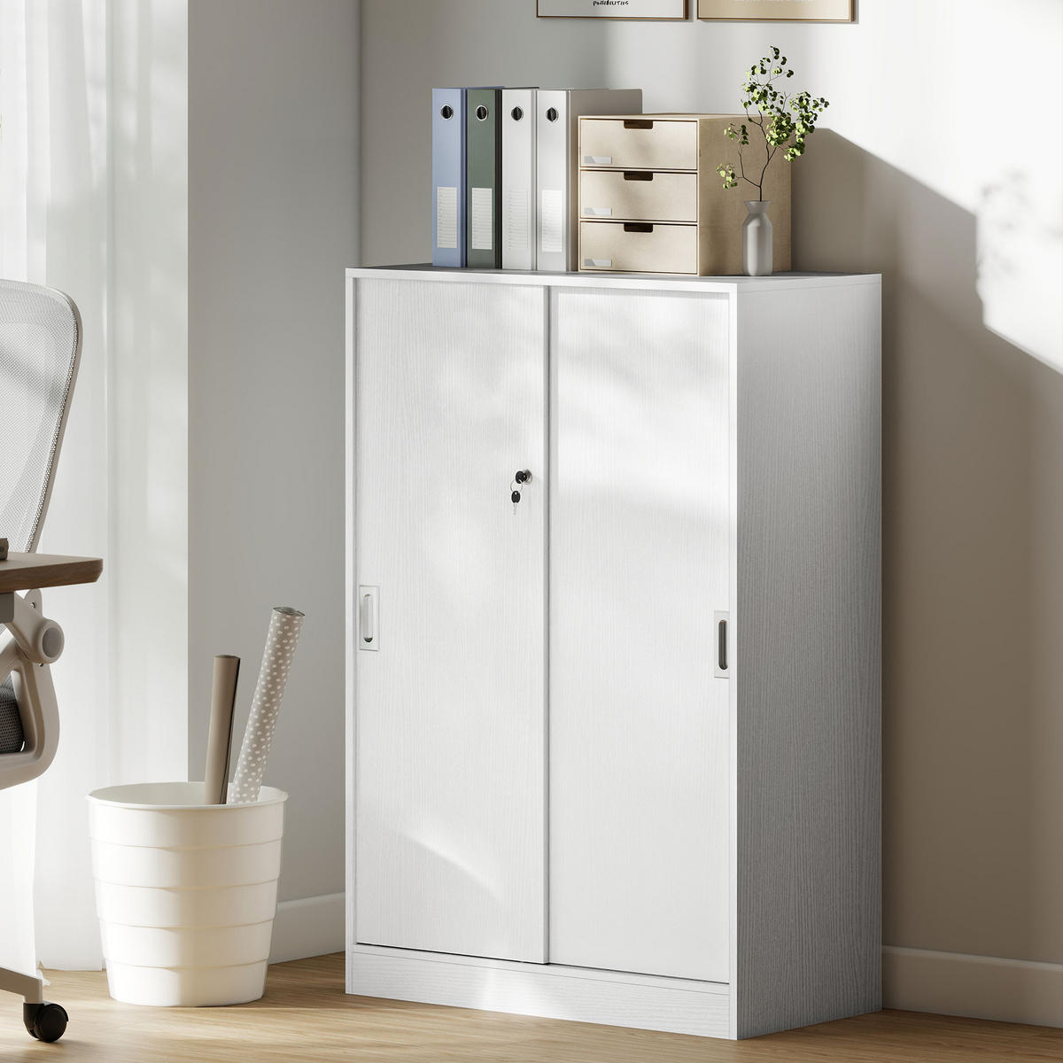 AKTENSCHRANK DE-14424 2 Schiebetüren abschließbar, 2 Böden Weiß - Weiß, Holzwerkstoff (40/120/80cm) - ComfortXL