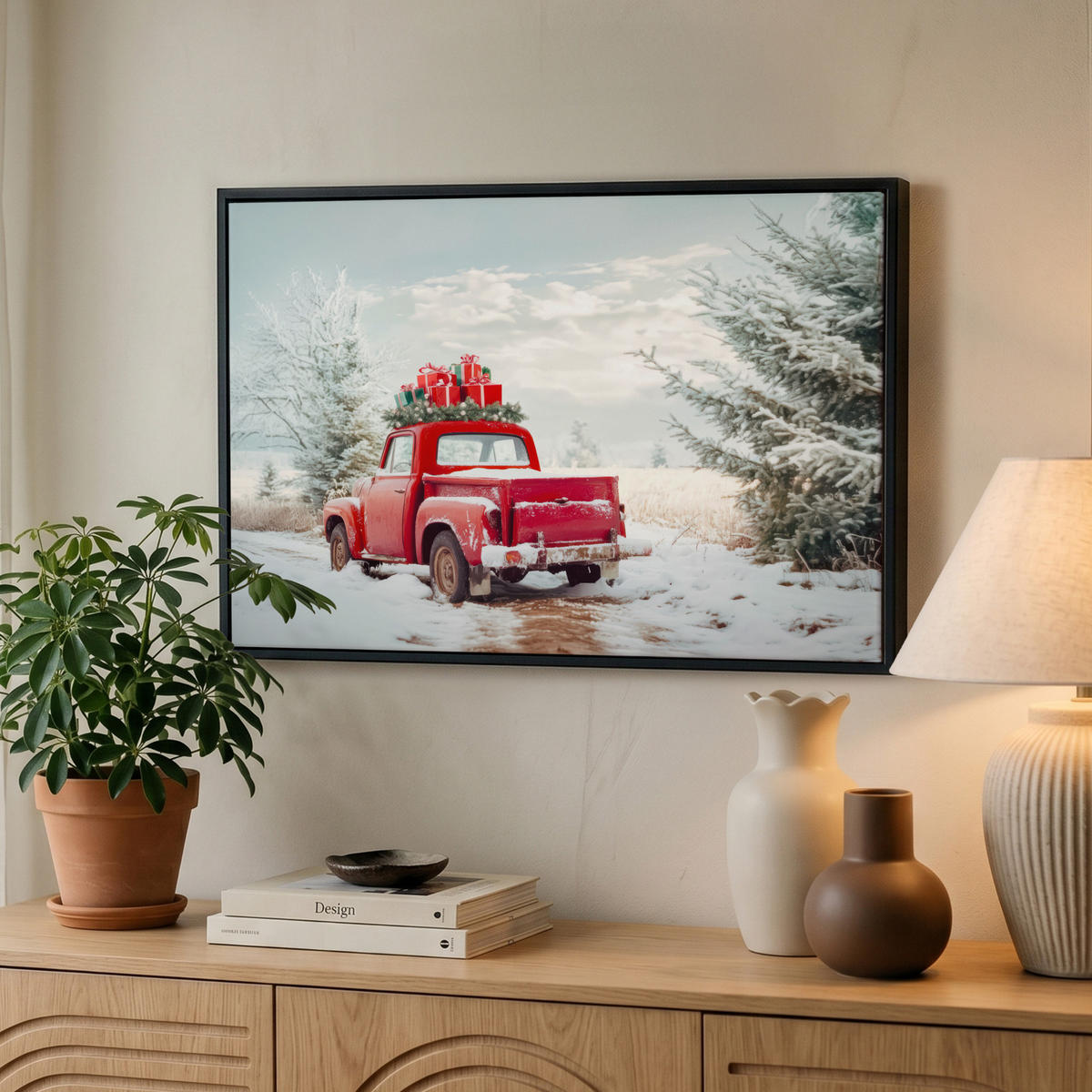 LEINWAND Bilder mit Rahmen - Auto - Rot - Geschenke - Winter - Schnee - Weihnachten - 60x40 - Rot, Textil (60/40cm) - MuchoWow