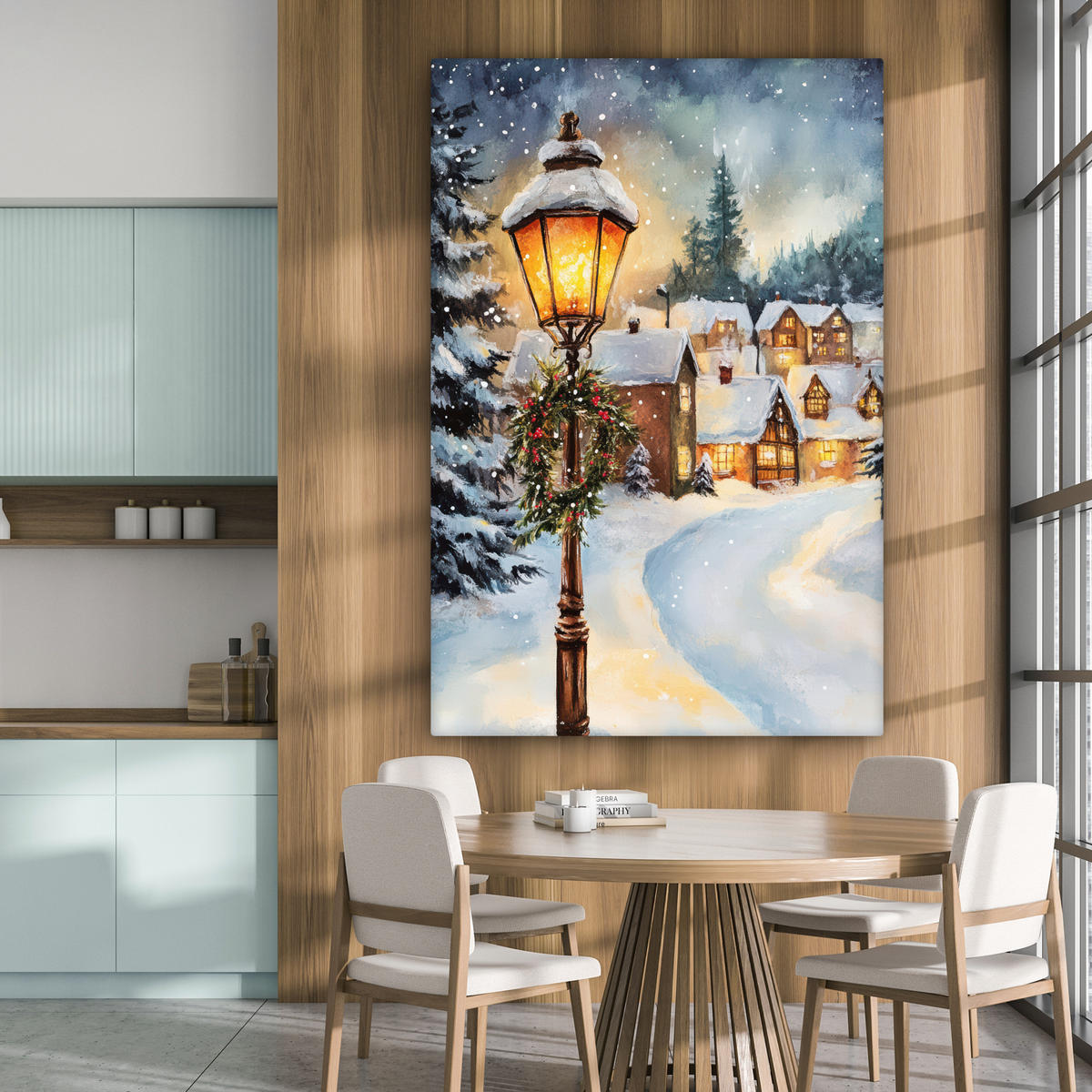 SLIKA NA PLATNU Božična vas 90x140 cm - peščene barve, tekstil (90/140cm) - MuchoWow
