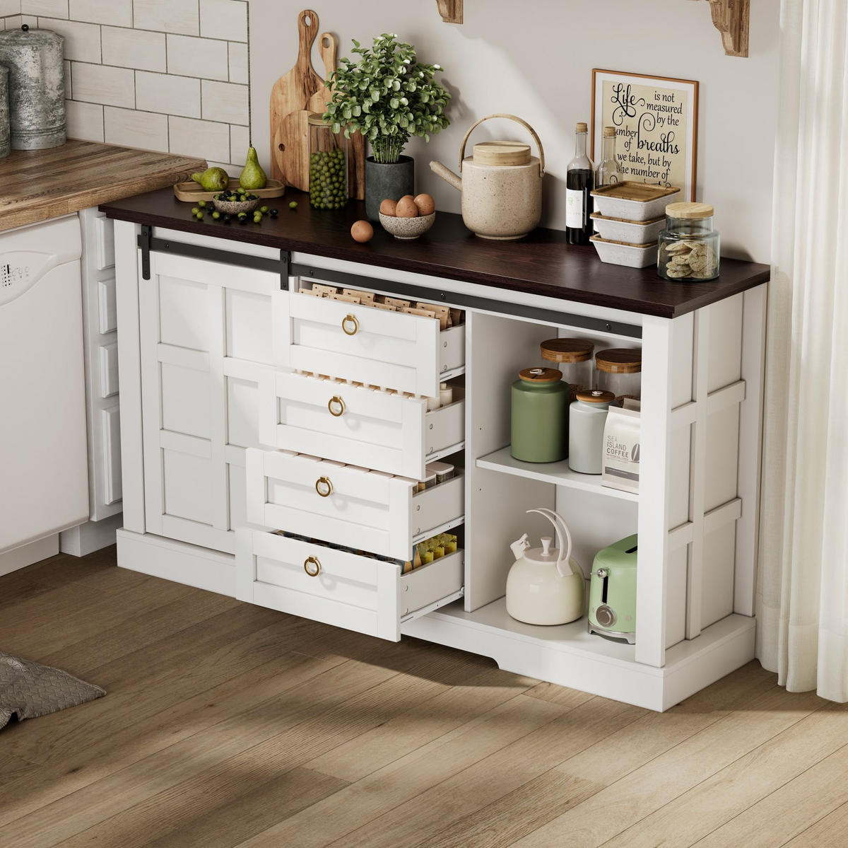 SIDEBOARD aus MDF 150x40x85 cm Weiß mit Schiebetüren, 4 Schubladen und verstellbaren Einlegeböden - Weiß, Holzwerkstoff (150/85/40cm) - Modfu