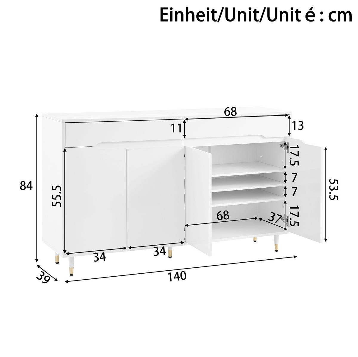 SCHUHSCHRANK aus Spanplatte 140x39x84cm in Weiß mit Soft-Close - Weiß, Holzwerkstoff (140/84/39cm) - Modfu