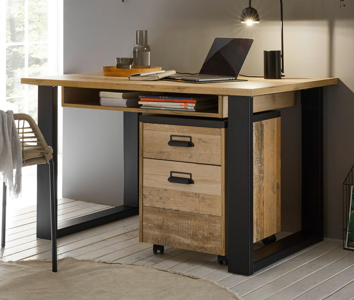 ROLLCONTAINER Used Wood, anthrazit, Schreibtisch Container 47 x 60 cm - Eichefarben/Anthrazit, Holzwerkstoff/Kunststoff (47/60/51cm) - Furn.Design