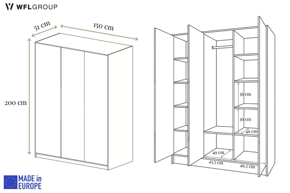 KLEIDERSCHRANK Mono Grifflos im Skandi-Stil, Kaschmir 150/200/51 cm - Kaschmir, Holzwerkstoff (150/200/51cm) - WFL GROUP
