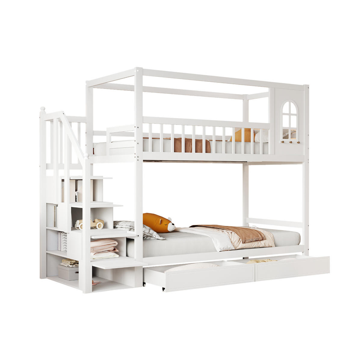 ETAGENBETT 90/200 cm weiß aus massivem Holz mit Sicherheitsleiter und Aufbewahrung - Weiß, Holz (90/200cm) - OKWISH