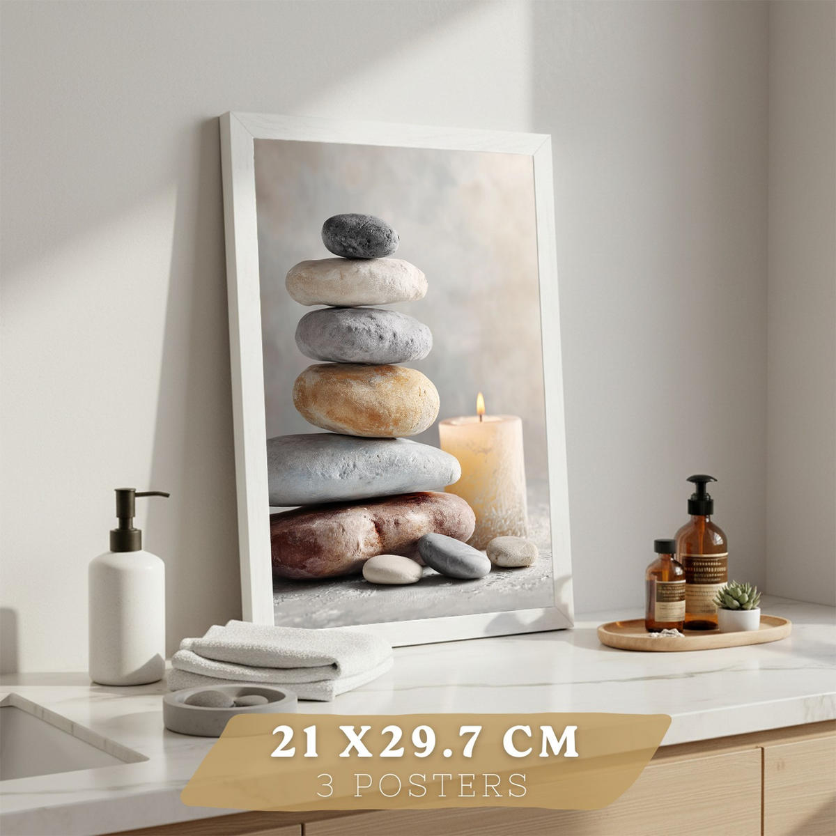 POSTER 3er-Set dekorative Badezimmer Kunstdrucke, Zen-Spa-Stil, minimalistische Bilder mit Steinen, Kerzen und Blumen, entspannende, Weißer Rahmen A4 - Weiß, Papier (29.7/21/3cm) - Nacnic