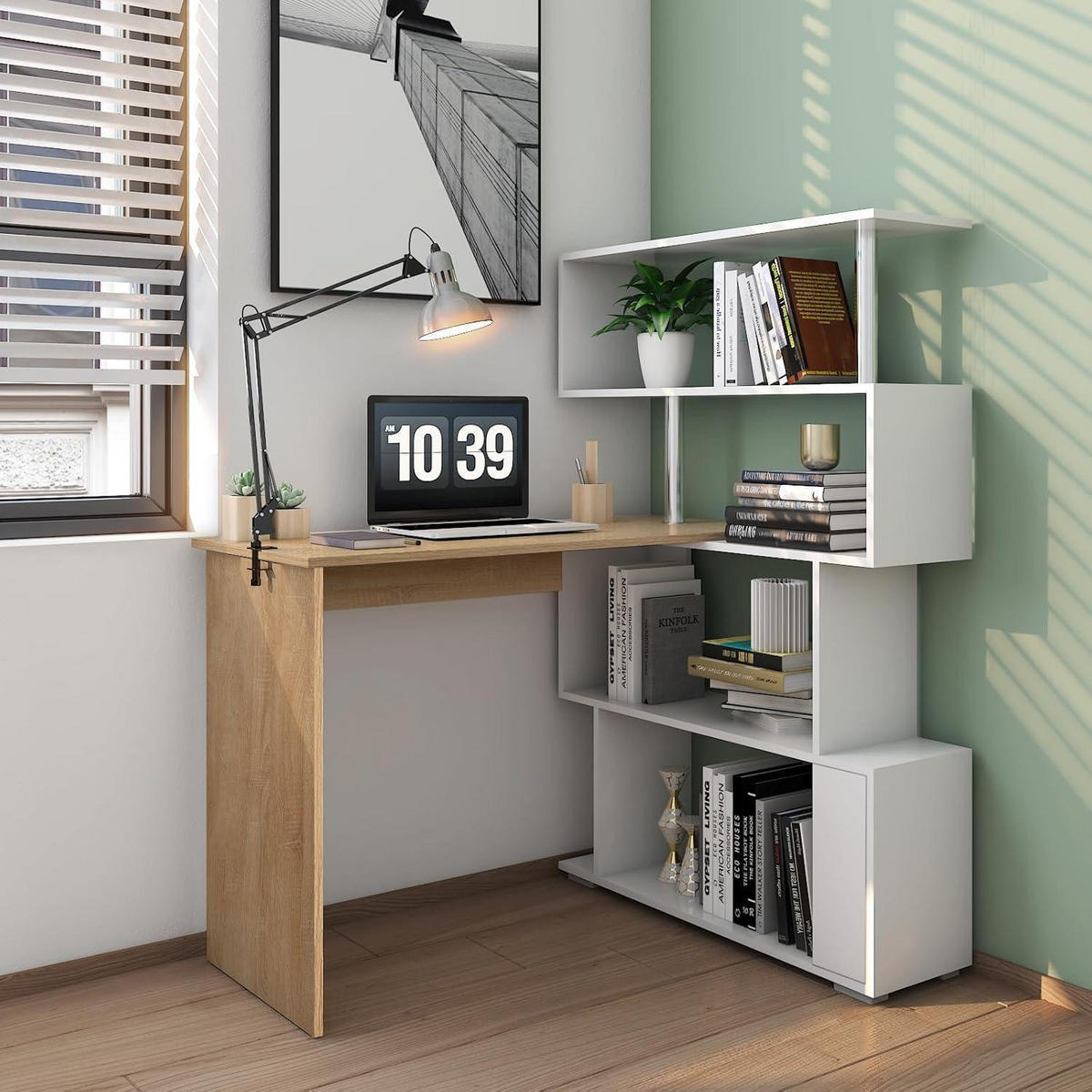 COMPUTERTISCH L-Form mit drehbarem Bücherregal Eiche/Weiß 157 x 45 x 130,5 cm - Multicolor, Holzwerkstoff (45/157/130.5cm)
