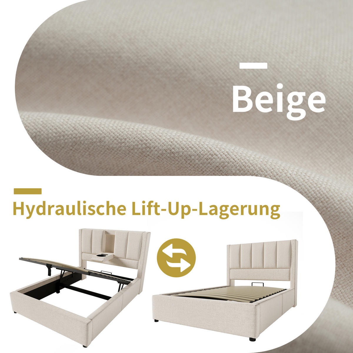POLSTERBETT 90/200 cm Beige mit Stauraum und integrierter Ladestation mit Matratze aus Leinen - Beige, Textil (90/200cm) - OKWISH