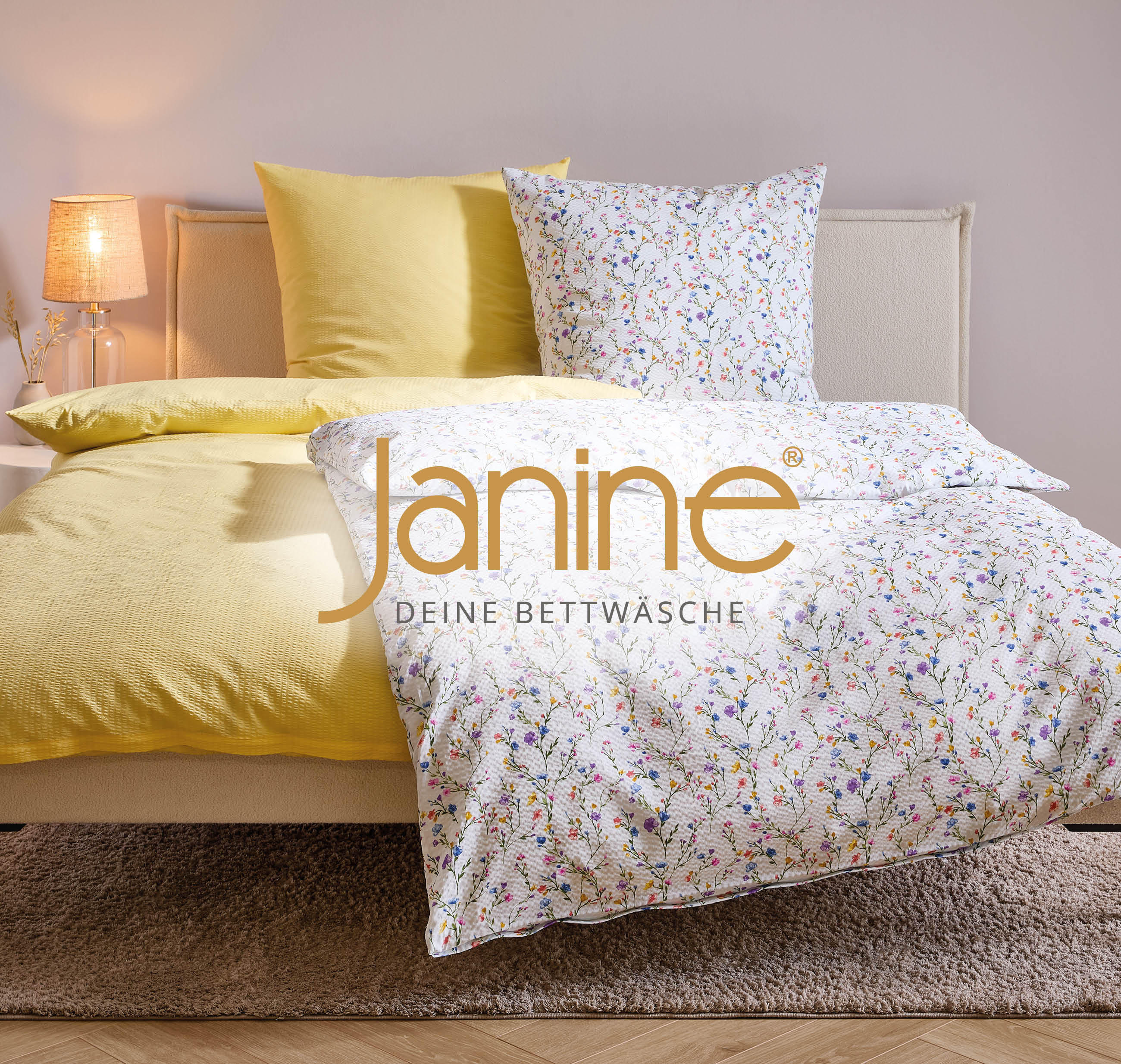 JANINE Seersucker-Bettwäsche mit Blumenmuster und in Gelb