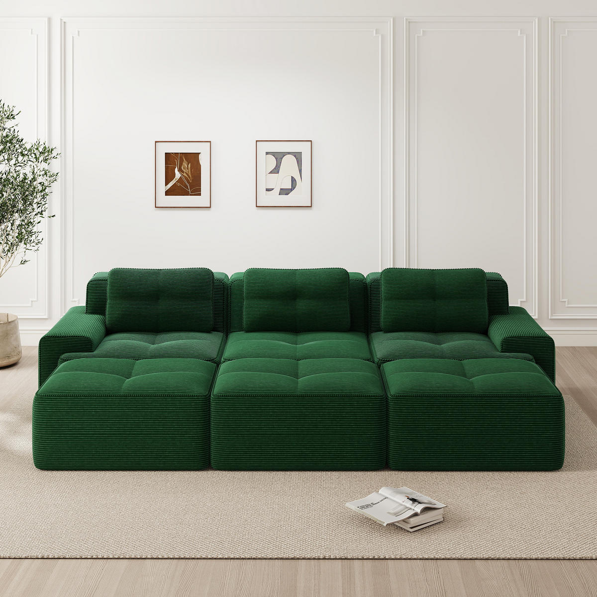 3-SITZER Sofa 293x177x69 cm aus Cordstoff rahmenlos modular mit 3 Hockern, grün - Grün, Textil (177/69/293cm)