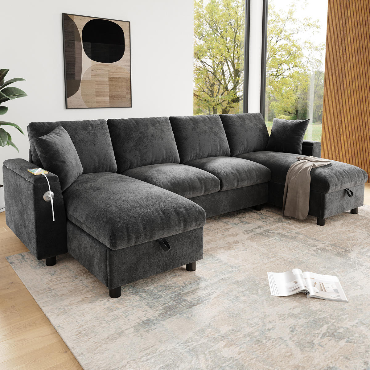 WOHNLANDSCHAFT Chenille Grau mit Stauraum, USB und Type-C - Grau, Holzwerkstoff/Kunststoff (284/84/135cm) - WISHDOR
