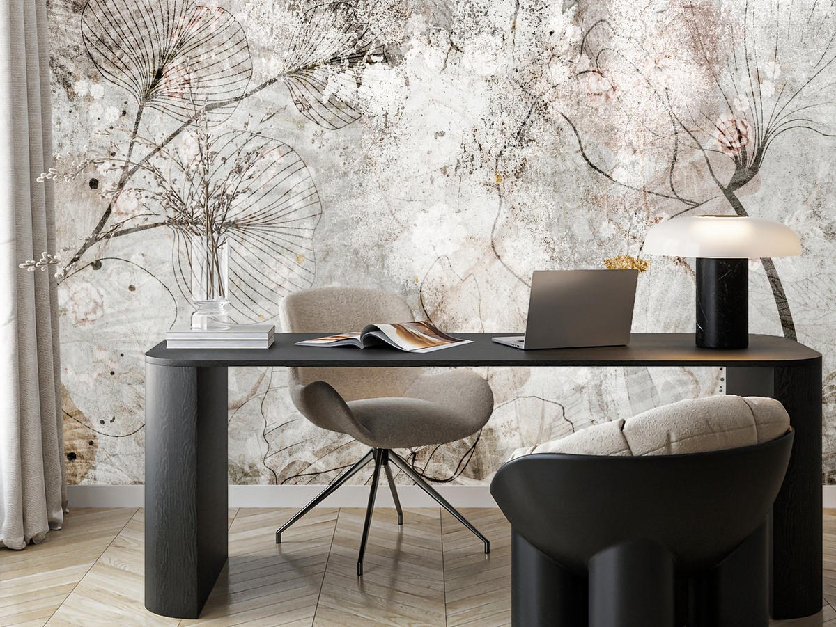 FOTOTAPETE für Wohnzimmer Vintage Blätter Blumen Beton Abstrakt 450x315 - Gelb/Orange, Papier (450/315cm) - Muralo