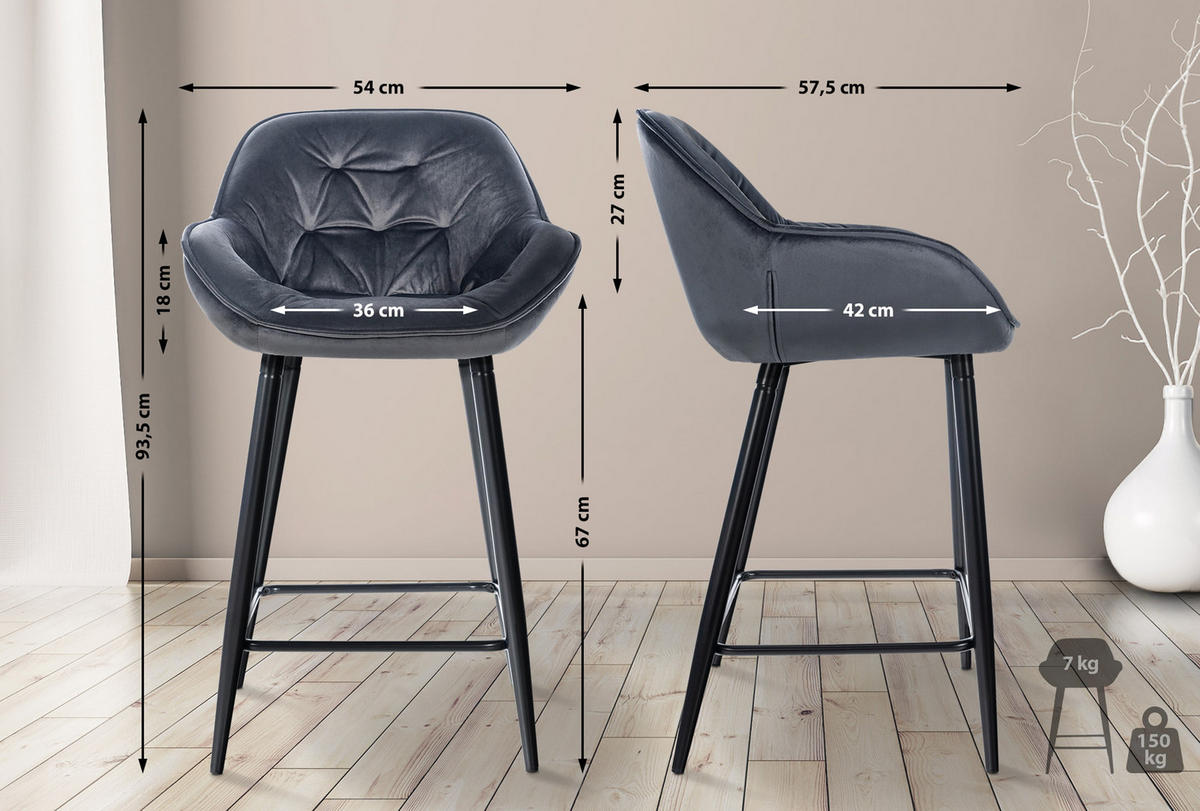 BARHOCKER Gibal Samt dunkelgrau - Schwarz/Grau, Textil/Metall (54/93.5/57.5cm) - TPFLiving