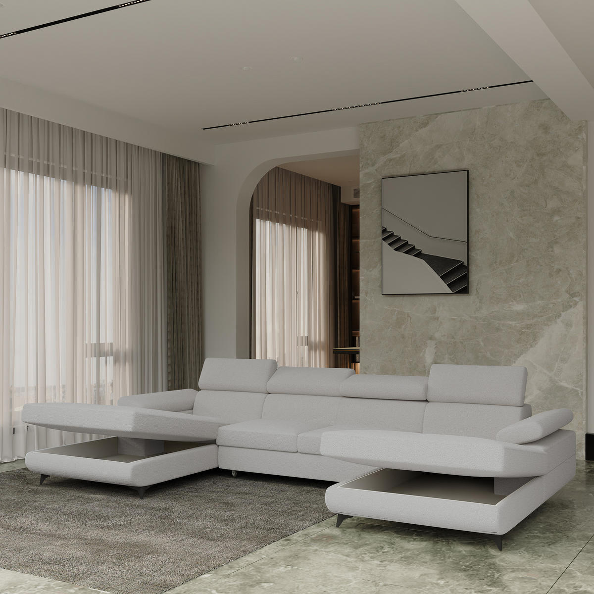 WOHNLANDSCHAFT DETTI Hellgrau Boucle-Stoff mit Schlaffunktion - Hellgrau, Holz (339/89/190cm) - MASSENO