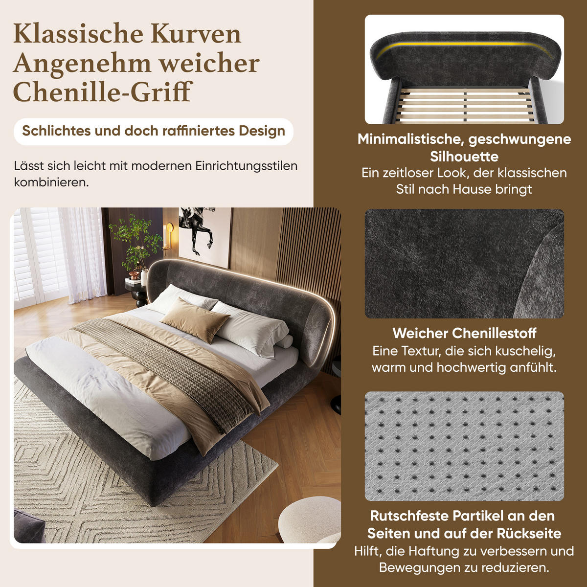 POLSTERBETT 160/200 cm in Grau Chenille mit Lattenrost und Kopfteil - Grau, Holzwerkstoff/Textil (160/200cm) - CHICFURN