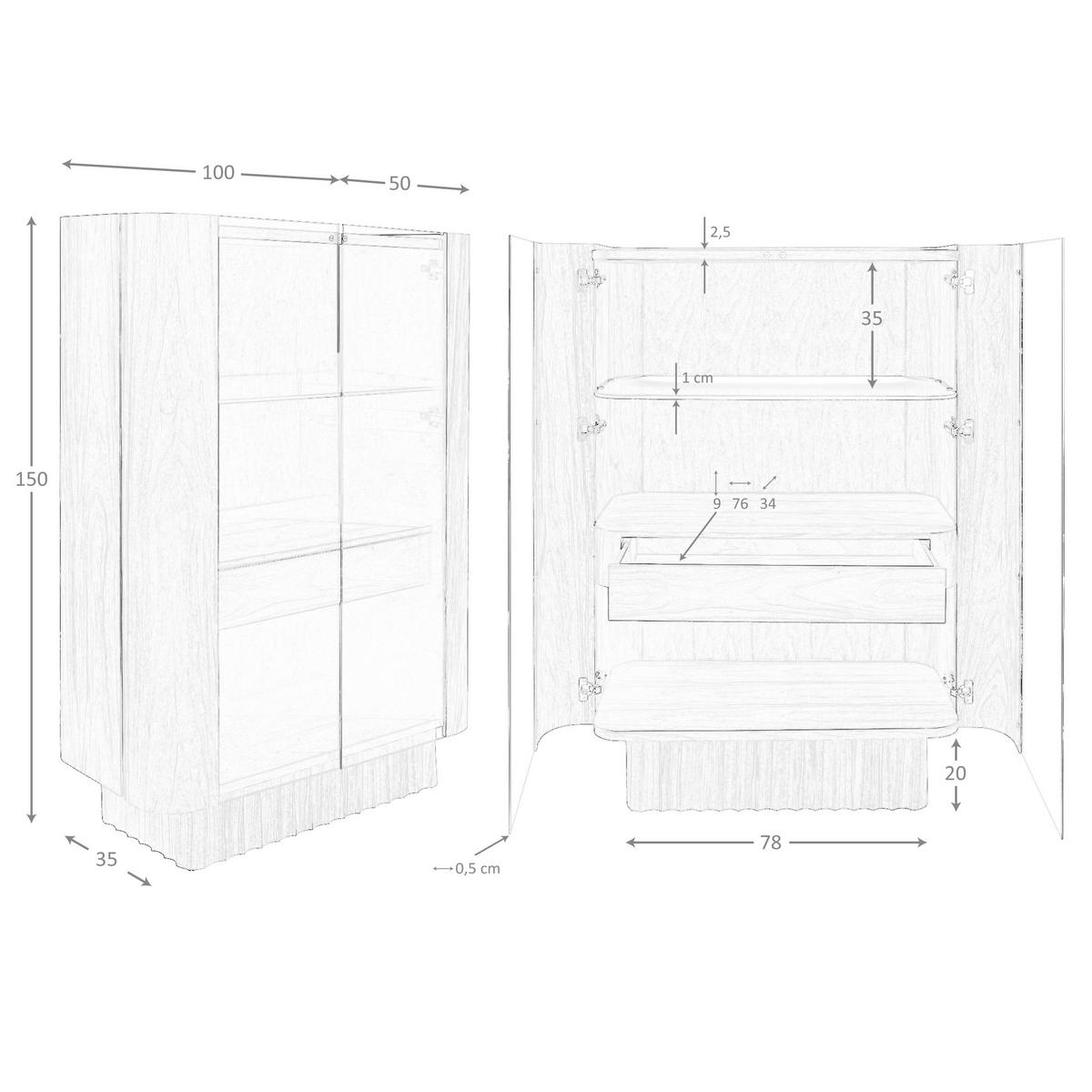 HIGHBOARD Hohe Anrichte aus gehärtetem Glas, Nussbaum, mit Innenbeleuchtung 100/50/150 cm - Walnussfarben, Glas (100/150/50cm) - ANGEL CERDA