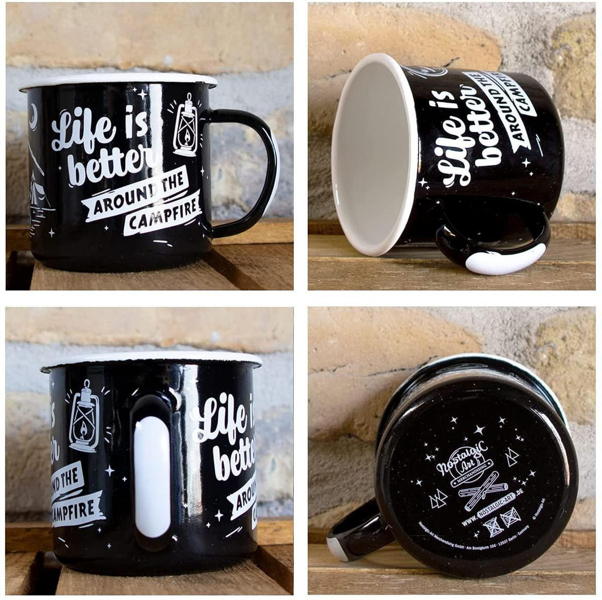 EMAILLE-BECHER 360 ml Outdoor & Activties Life Is Better Around The Campfire - Schwarz/Weiß, Metall (0.36L) - Nostalgic-Art