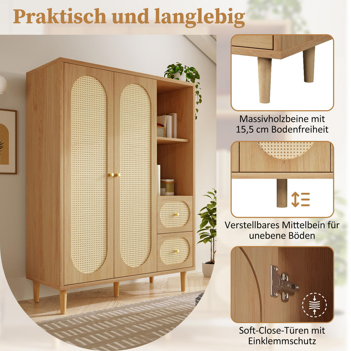 KLEIDERSCHRANK in Eichenfarbe Hochschrank mit Schubladen und Kleiderstange für Schlafzimmer, B120/T44/H161 cm - Eichefarben/Naturfarben, Holz/Holzwerkstoff (120/161/44cm) - STILVORA