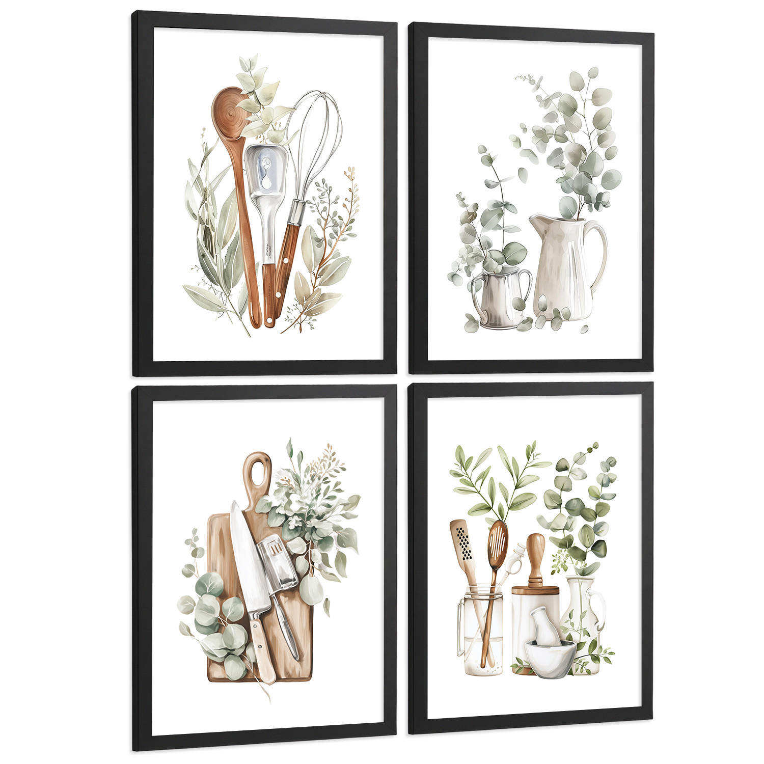 PLAKAT Sada 4 dekorativních nástěnných tisků, Botanická kuchyně. Bohémský venkovský styl. Rustikální kuchyně. Velikost Černý rám A3 - černá, papír (29.7/42/3cm) - Nacnic