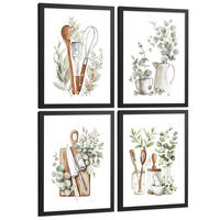 PLAKAT Sada 4 dekorativních nástěnných tisků, Botanická kuchyně. Bohémský venkovský styl. Rustikální kuchyně. Velikost Černý rám A3 - černá, papír (29.7/42/3cm) - Nacnic