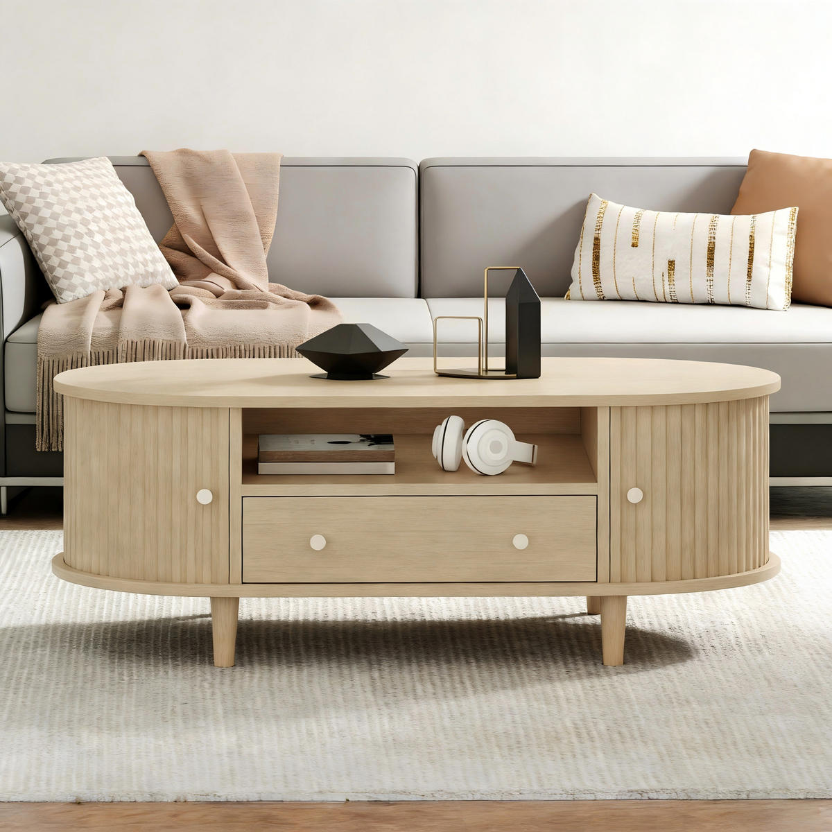 COUCHTISCH Eiche-Optik mit Schublade und Rolltür 100/50/36 cm - Eichefarben, Holzwerkstoff (50/100/36cm) - PANGIVO