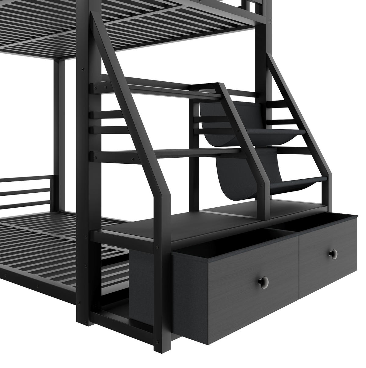 ETAGENBETT 90/200 cm aus Metall und Holz mit LED-Beleuchtung und 2 Stoffschubladen Schwarz - Schwarz, Holz (90/200cm) - Modenvie