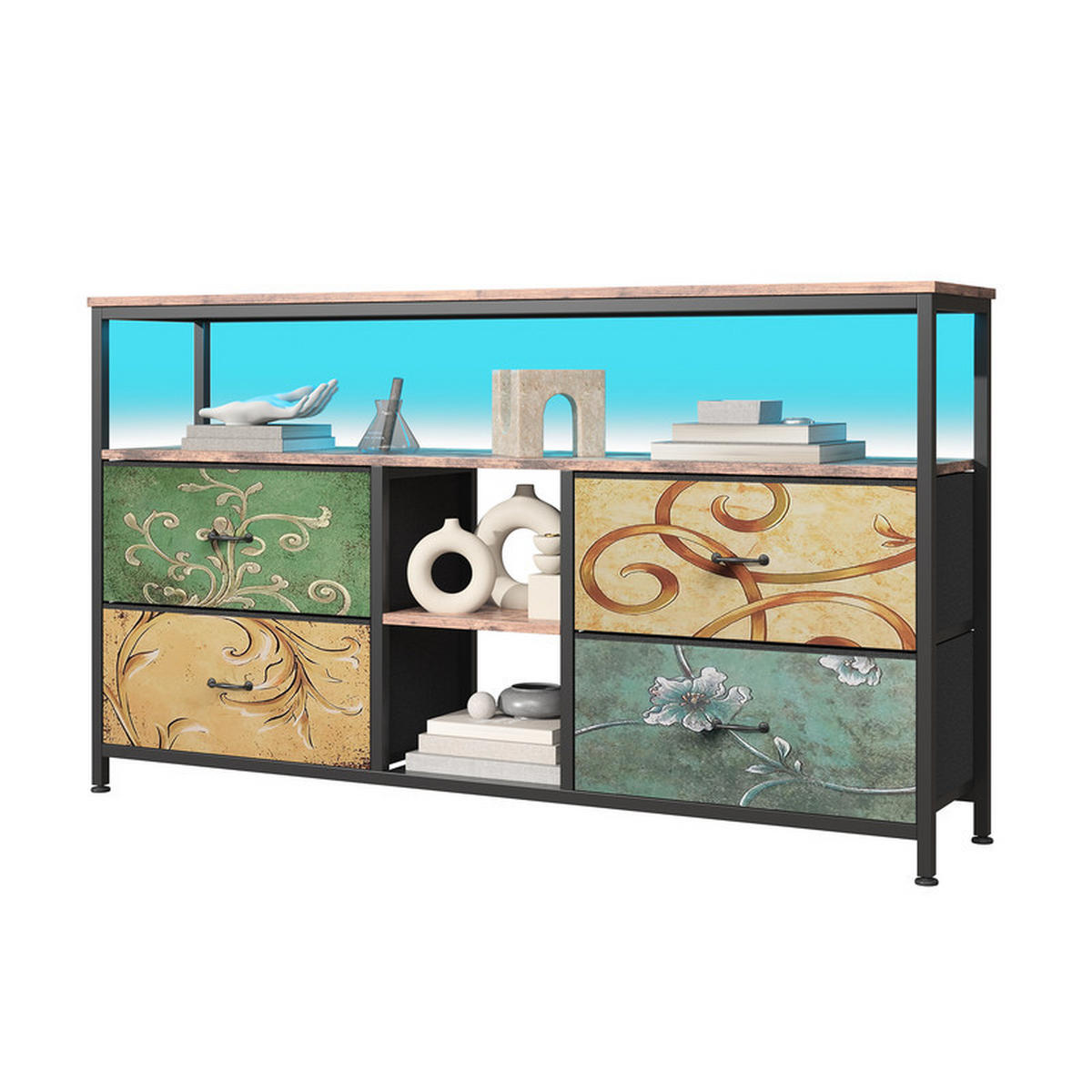 LOWBOARD, 108 x 30 x 76.8 cm, mit 4 Stoffschubladen und LED-Lichtern, Metallrahmen Vintage für Wohnzimmer - Blaugrau, Metall (29.8/76.8/108cm) - WoodenAura
