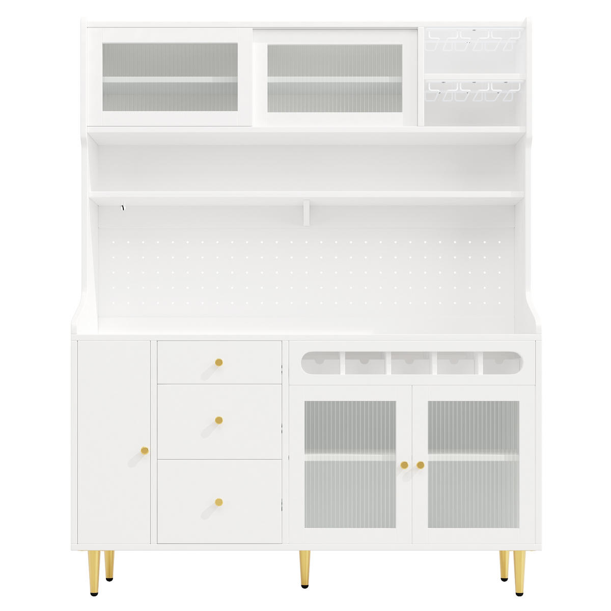 GESCHIRRSCHRANK aus MDF & Glas 145x39x171cm in Weiß mit LED & Weinauszug - Weiß, Holzwerkstoff (145/171/39cm) - Modfu