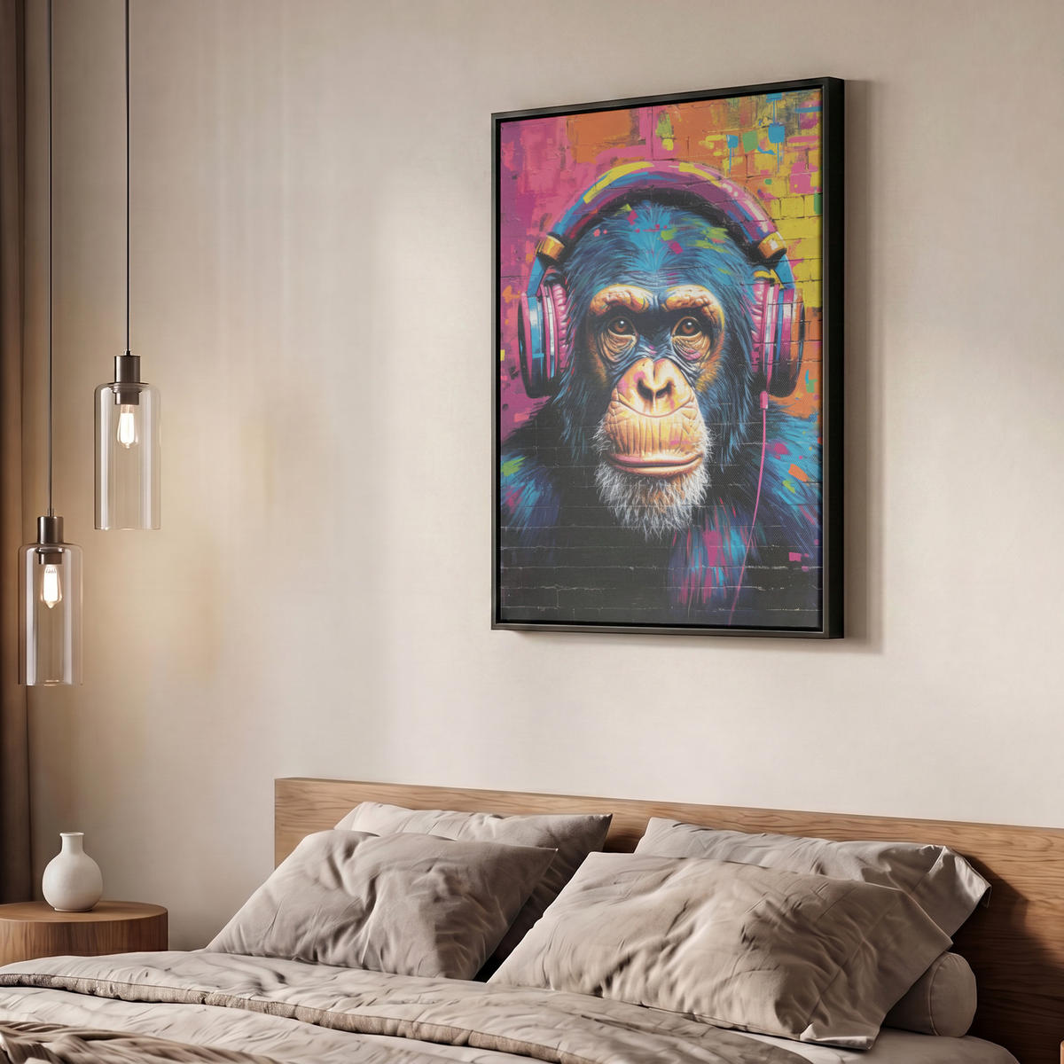 LEINWAND Bilder mit Rahmen - Graffiti - Schimpanse - Straßenkunst - Kopfhörer - Affe - 60x80 - Blau, Textil (60/80cm) - MuchoWow