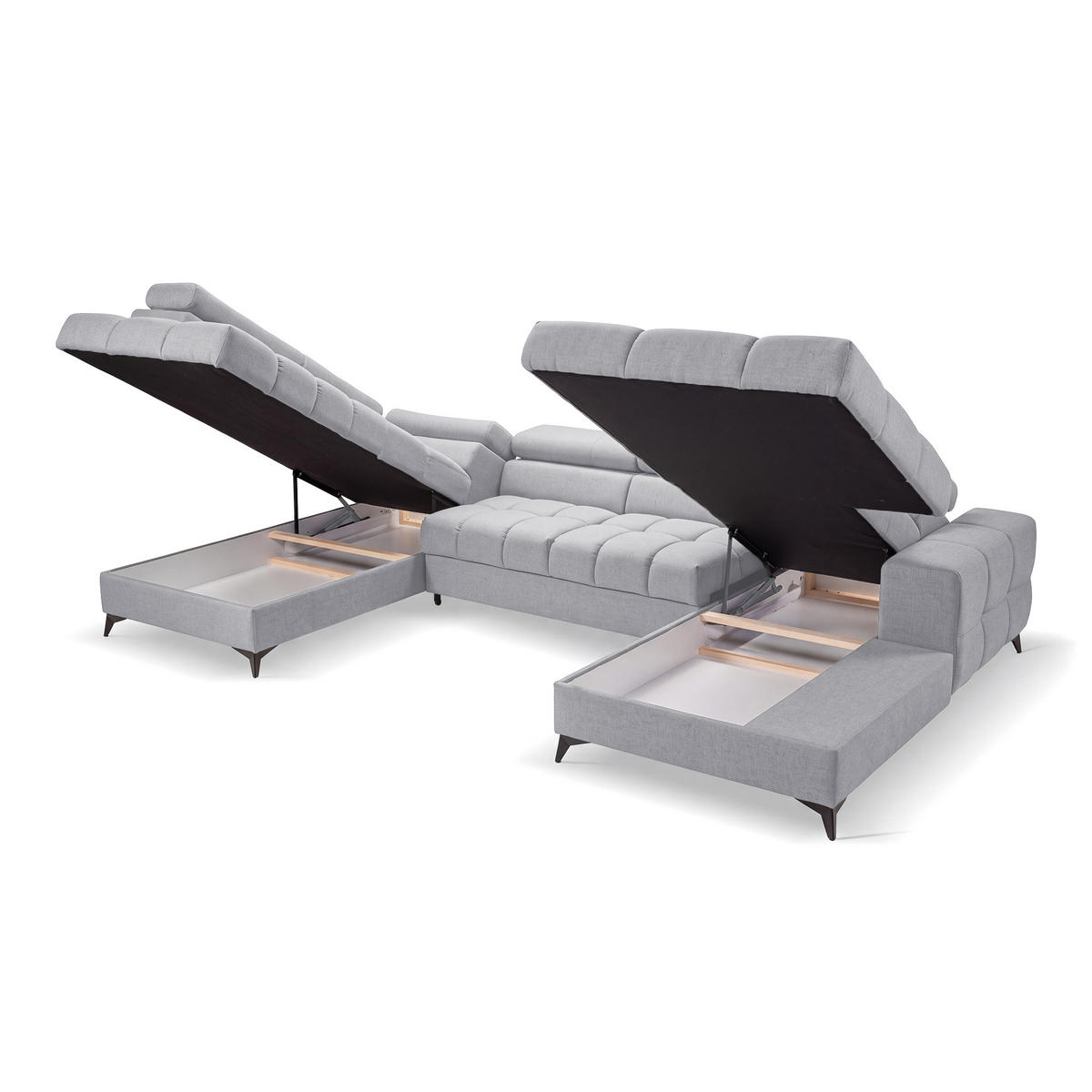 ECKSOFA PUDDING U Rechts mit Schlaffunktion 125x260 Velours Hellgrau - Hellgrau/Schwarz, Holz/Textil (350/203cm) - Muffo