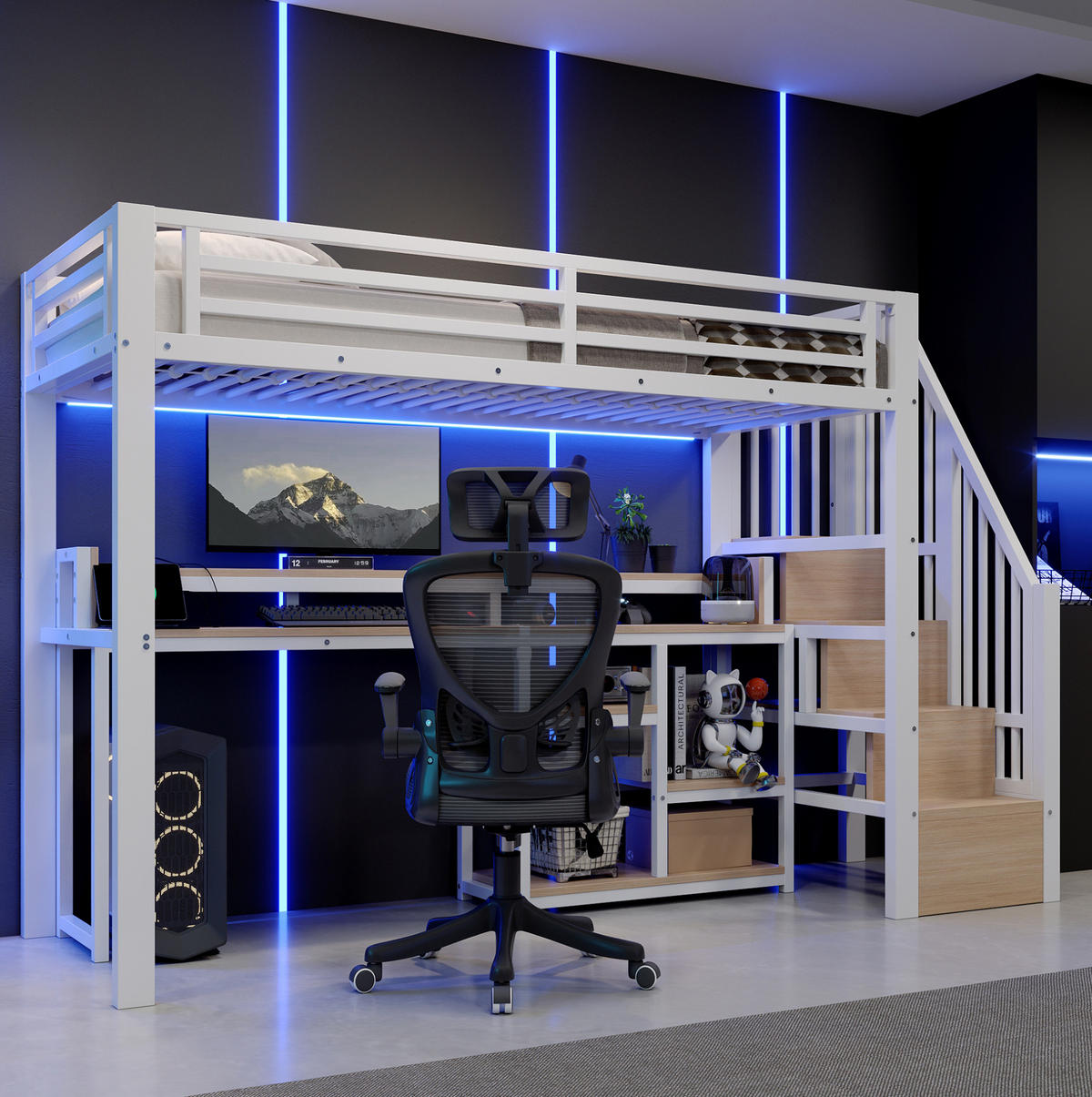 HOCHBETT Metall & MDF 90x200 cm Weiß mit Leiterschrank, Ablagefach, LED sowie USB + Typ-C - Weiß, Holzwerkstoff (90/200cm) - Modfu