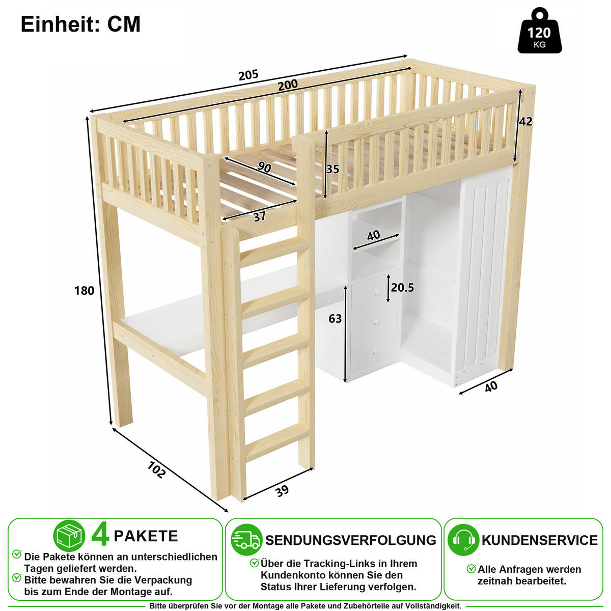 HOCHBETT 90/200 cm in Natur mit Schreibtisch, Kleiderschrank und 3 Schubladen aus Kiefernholz - Naturfarben, Holz/Holzwerkstoff (90/200cm) - CHICFURN