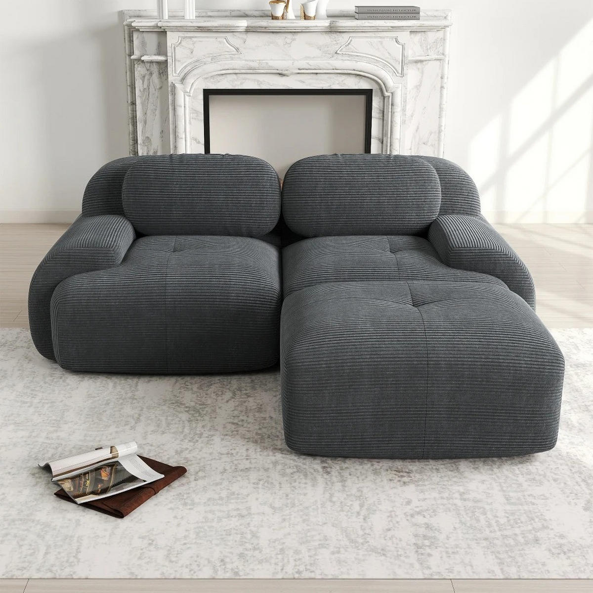ECKSOFA aus weichem Kordelstoff, modular kombiniert mit gebogenen Armlehnen, Grau - Grau, Textil (208/70/178cm) - Kaket