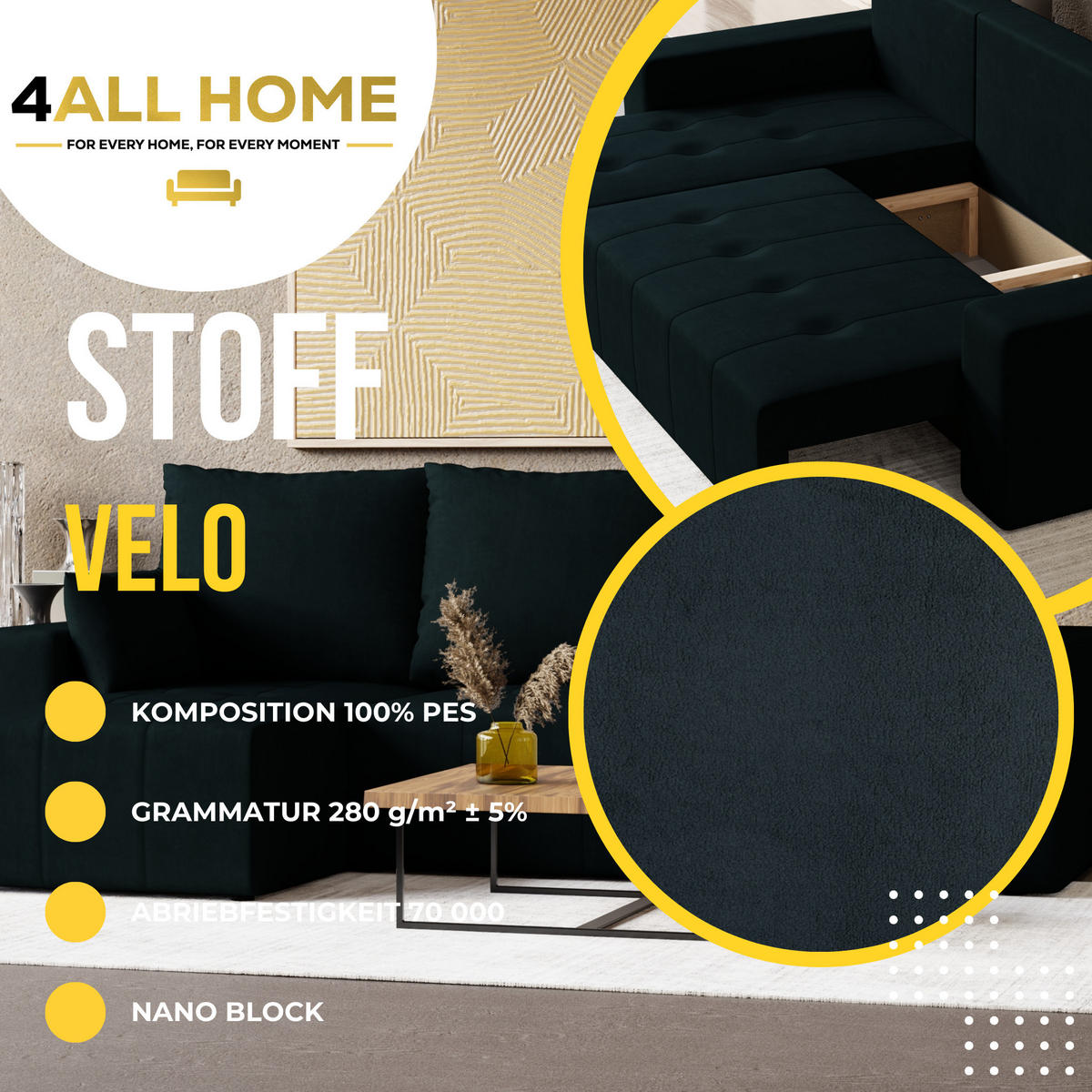 ECKSOFA Tico mit Bettkasten und Schlaffunktion, L-Form/XL-Form, Velourstoff, Universal - Anthrazit, Holzwerkstoff (246/145cm) - 4ALL HOME