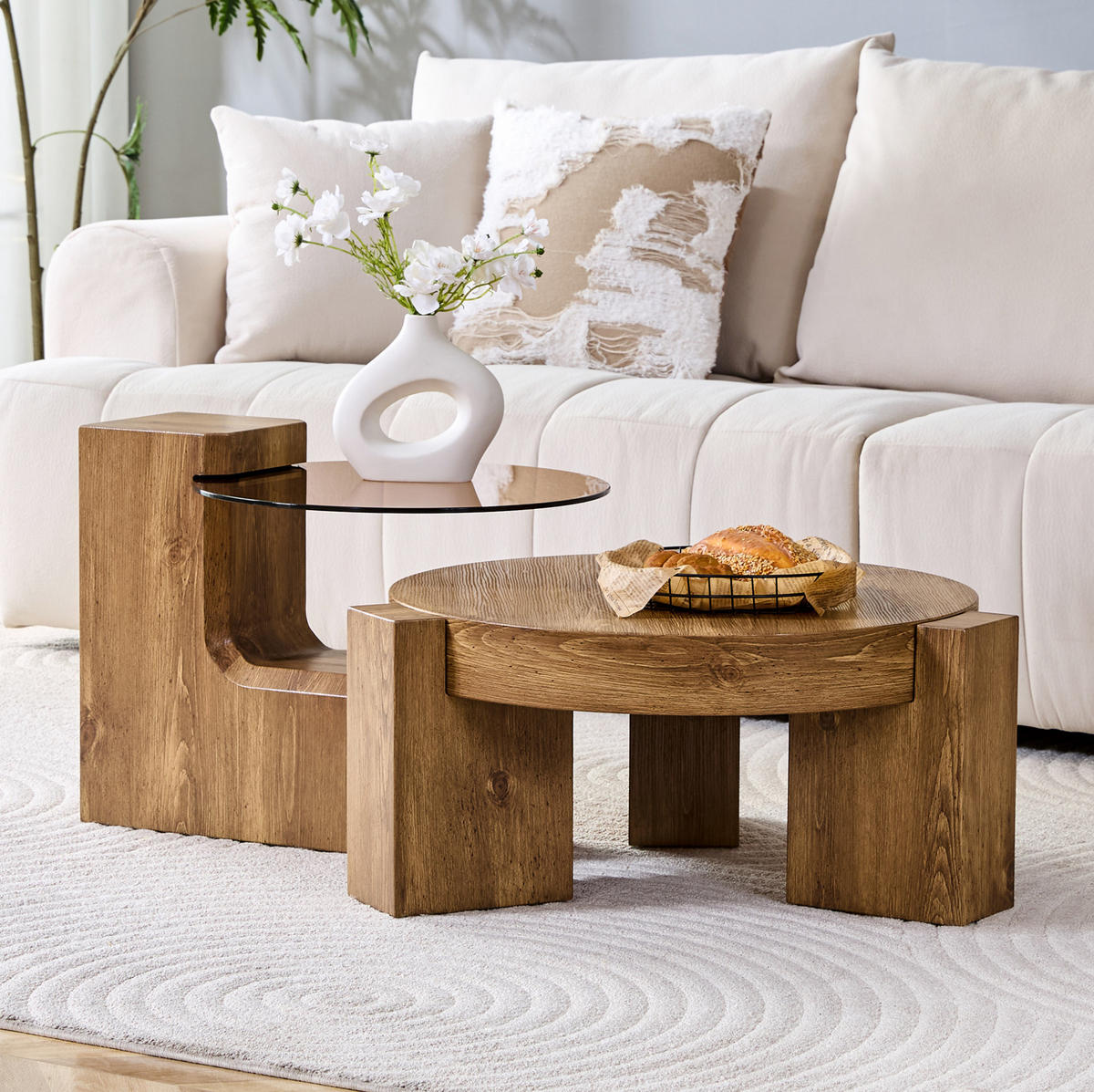 COUCHTISCH aus MDF und Glas Ø61x30 cm in Holzoptik mit 2 Ebenen - Naturfarben, Holzwerkstoff (61/61/30cm) - Modfu