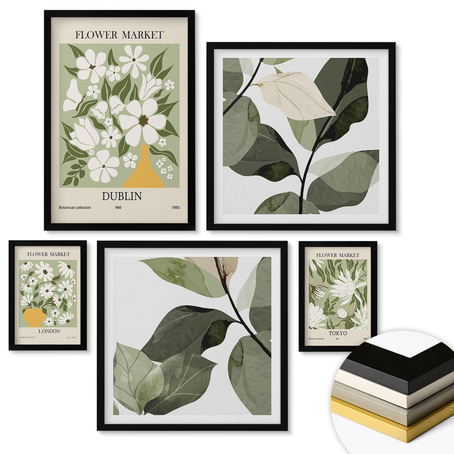WANDBILDER 5er-Set - 50x50 cm & 20x30 cm & 40x60 cm Schwarzer Rahmen - Blumenmuster London Dublin - Schwarz, Kunststoff (40/60cm) - ArtPrintCave