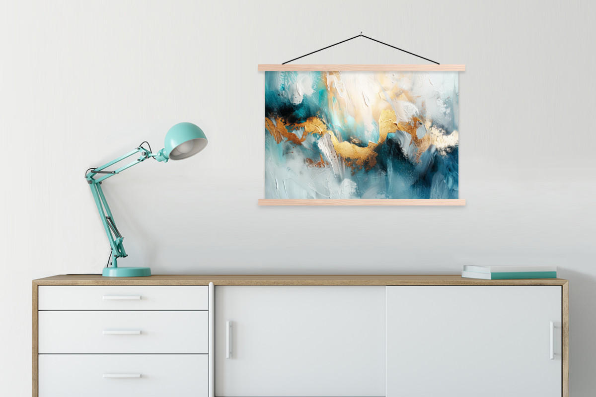 POSTER Abstrakt - Kunst - Gold - Blau 90x60 cm - Petrol, Textil (90/60/0.15cm) - MuchoWow