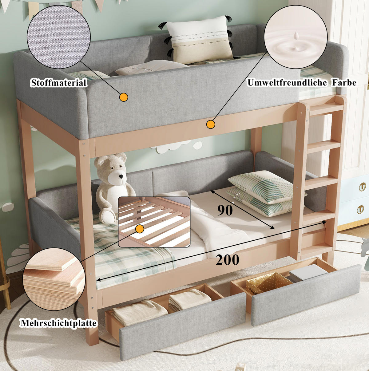 ETAGENBETT 90/200 cm aus Kautschukholz und MDF mit 2 Schubladen, 4-Stufen-Treppe und Schutzkante, Grau/Natur - Grau, Holz (90/200cm) - Redom