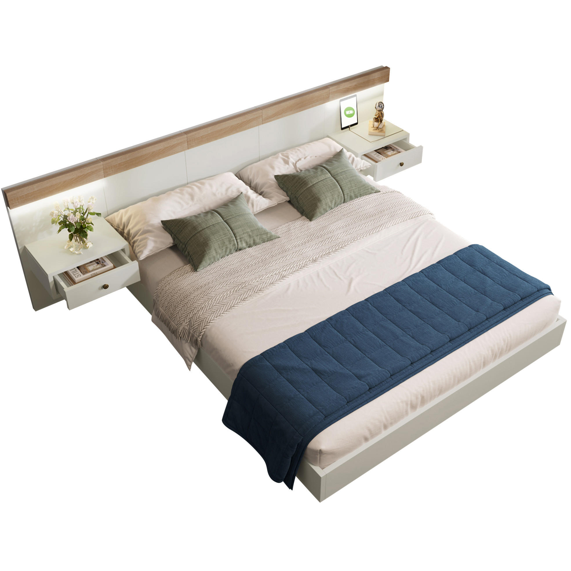 Modfu MANŽELSKÁ postel z dřevěného materiálu 140x200 cm bílá/dub sonoma s LED stolky, USB-C, USB a zásuvkou