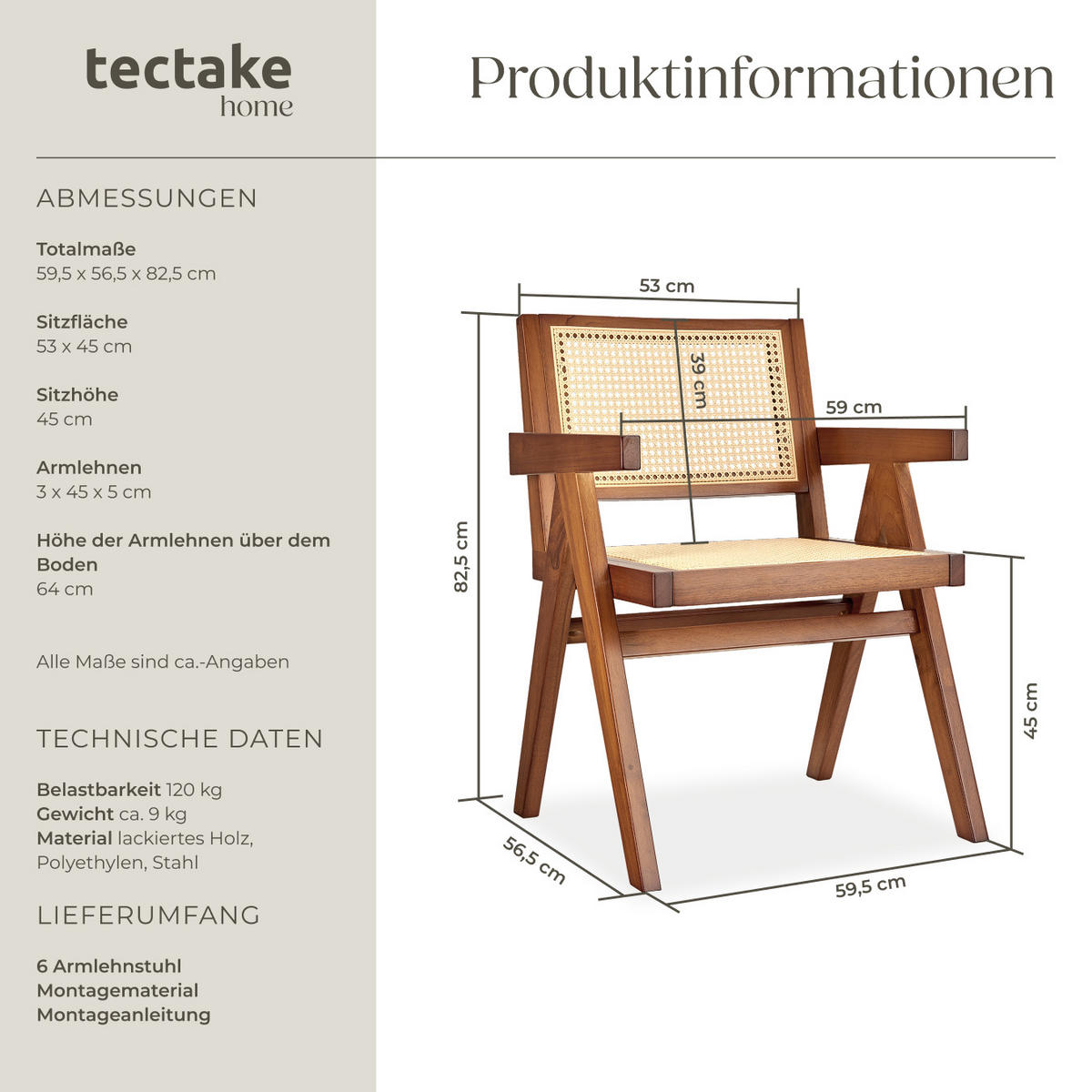 ARMLEHNSTUHL 6er Set Lissy,59 x 56,5 x 82,5 cm, Belastbarkeit 120 kg, Eiche dunkel - Wildeiche, Holz (56.5/82.5/59.5cm) - tectake