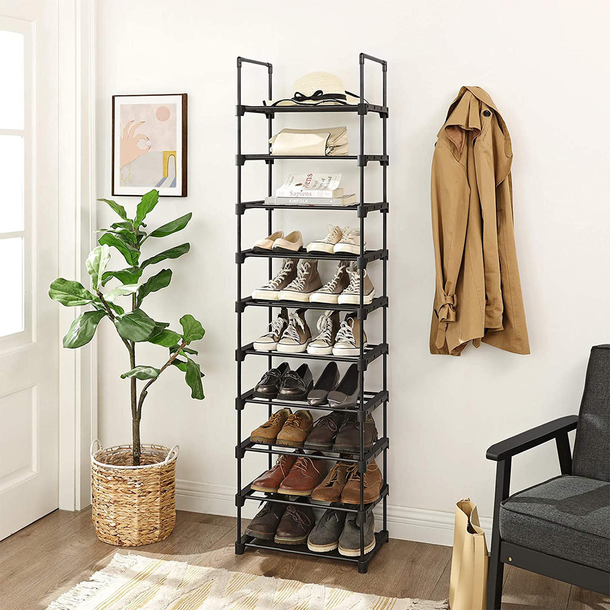 SCHUHREGAL aus schwarzem Eisen mit 10 anpassbaren Ebenen - L45 x H174 cm. - Schwarz, Metall (30/174/45cm) - Calicosy
